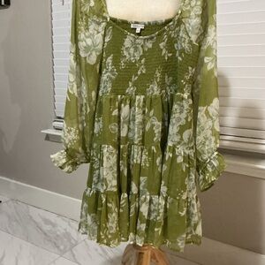 Patrons of Peace Olive Floral Smocked Top